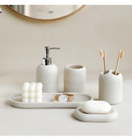 5Pcs Bathroom Accessories set Lotion Dispenser Toothbrush Holder Tray Tumbler Cup Soap Dish Beige and Grey 11