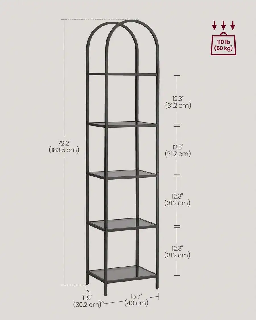 VASAGEL 5-Tier Bookcase With Tempered Glass - Multi-Purpose Storage Shelf For Office, Home, Book Organizer & Space-Saving Booksh