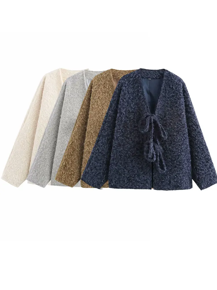 

2025 Autumn Winter Fashion OutwearsVintage Casual Chic Women Jackets Solid V-Neck Long Sleeve Lace-up Loose Thick Coats
