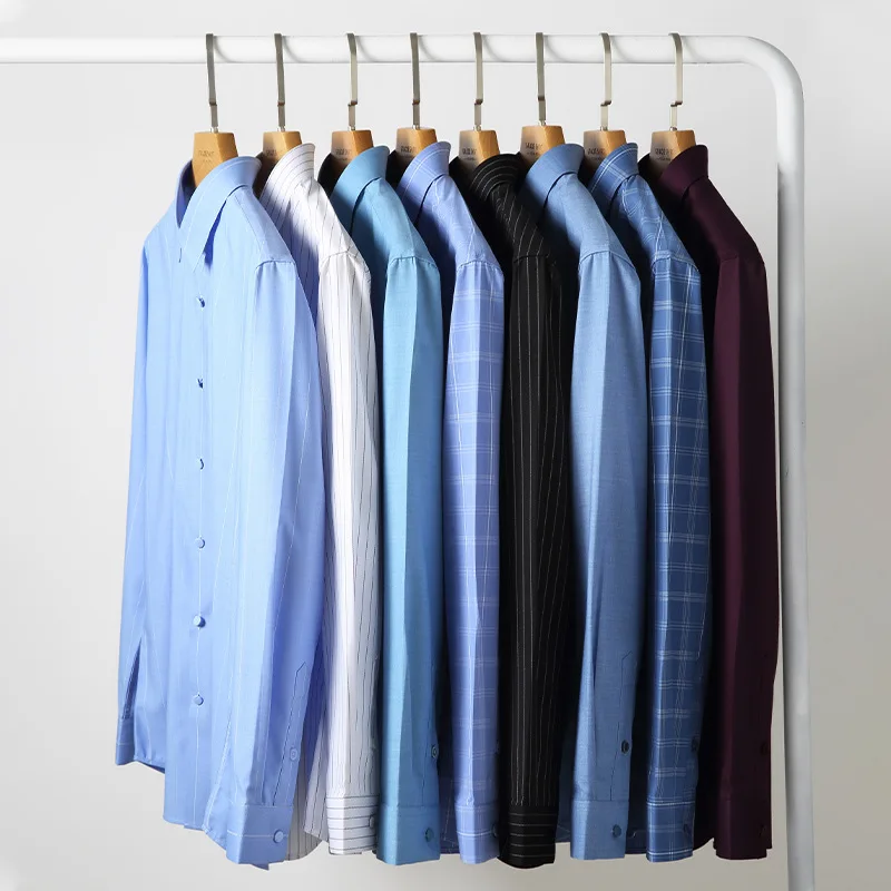 Bamboo Fiber New Seamless Solid Color Striped Shirts Men Long Sleeve Casual Men Shirts Long Sleeve Wrinkle Resistant Business