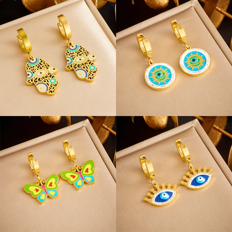 DIEYURO 316L Stainless Steel Vintage Palm Eyes Butterfly Earrings For Women Girl Fashion Ear Buckle Non-fading Jewelry Gift