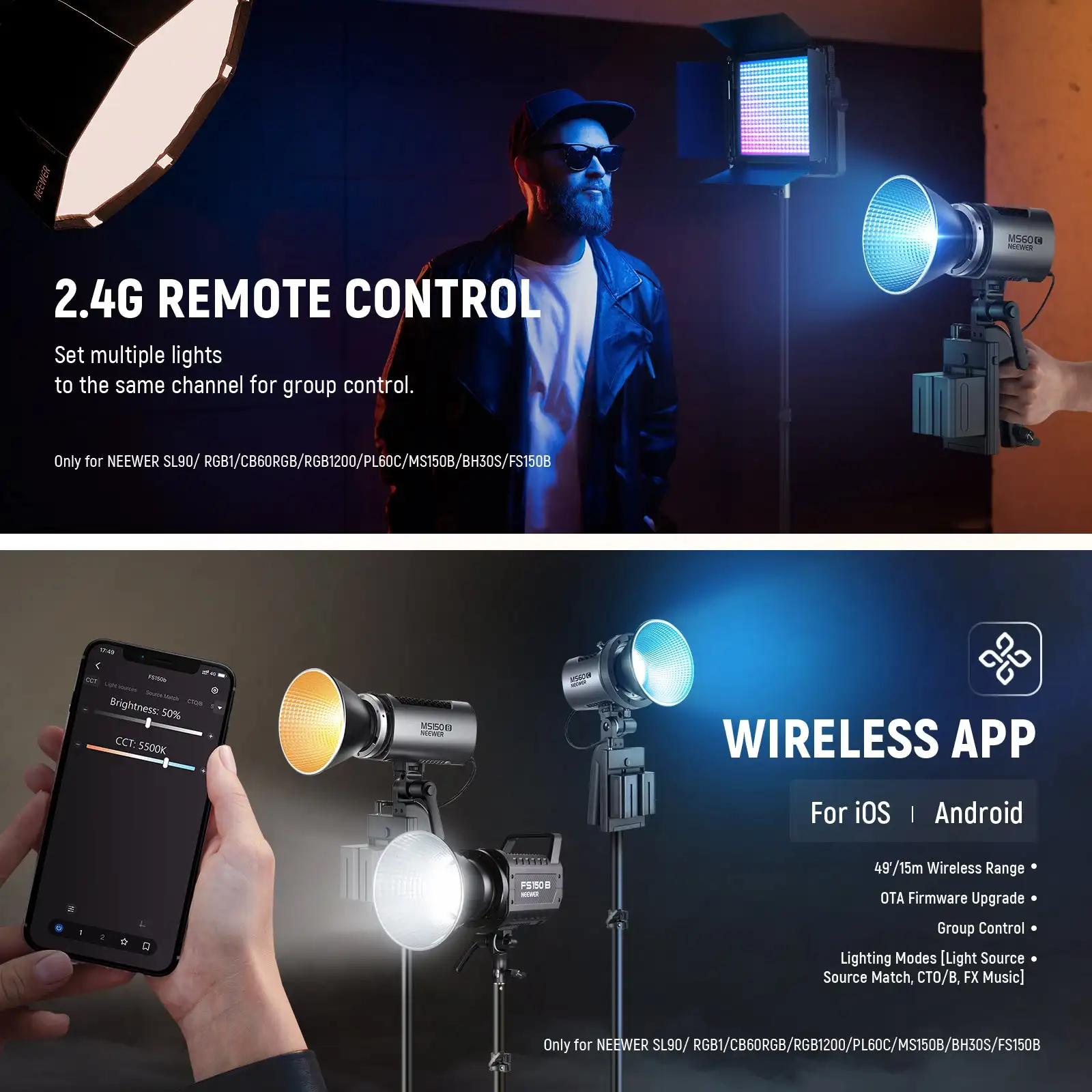 NEEWER MS60C 65W RGB LED Video Light Handheld Spotlight APP Wireless Control Portable Outdoor Photography Studio Lighting