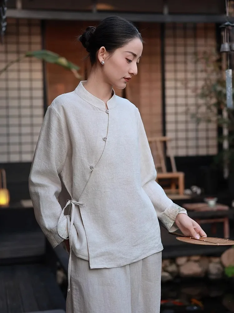 New Chinese Style Women's Linen Top And Bottom Set Tea Ceremony Clothes Zen Meaning High End Feel Autumn Fashion Retro Design