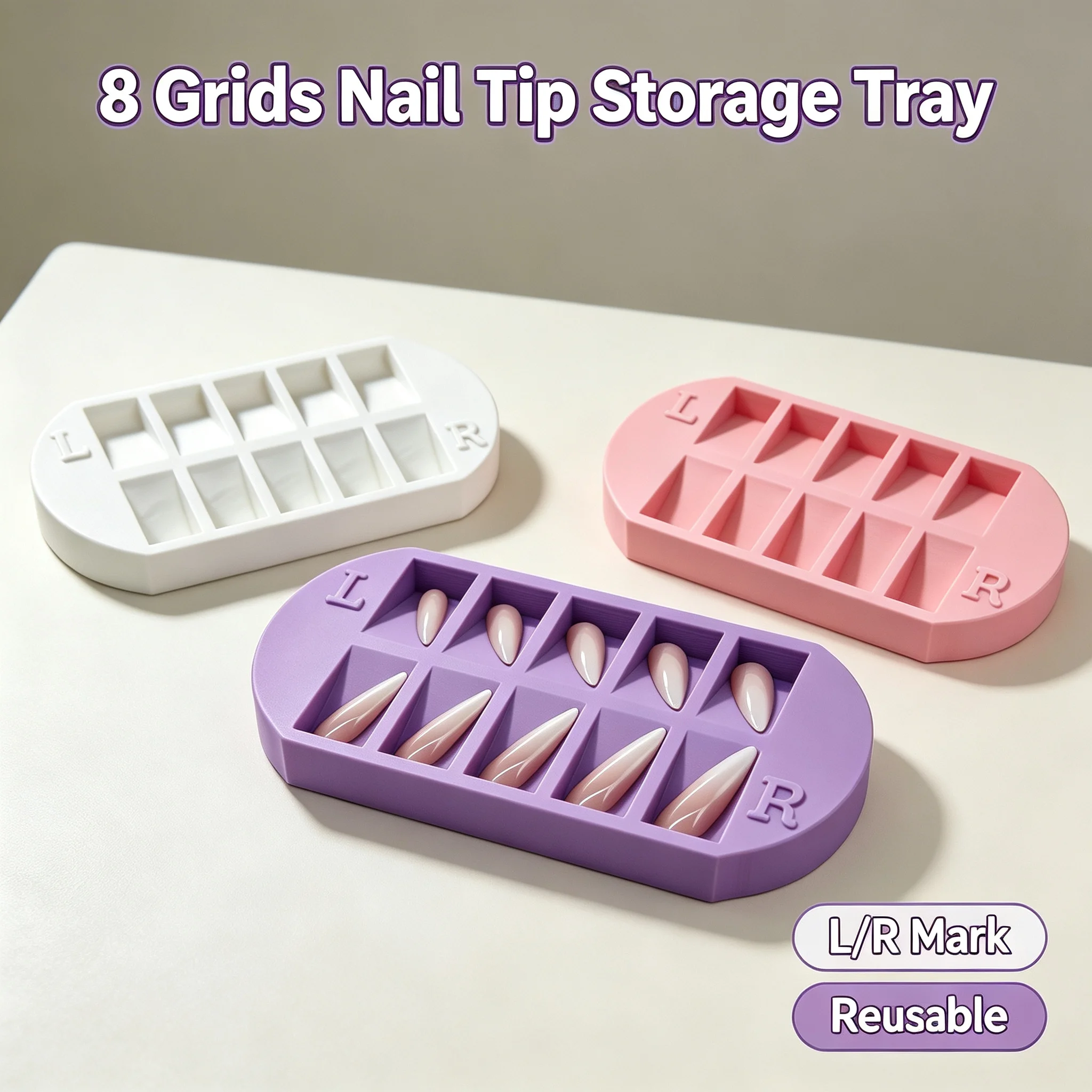 8 Grids Nail Tip Storage Tray with L/R Mark False Nail Display Organizer Reusable Nail Art Plate for Salon Home Manicure