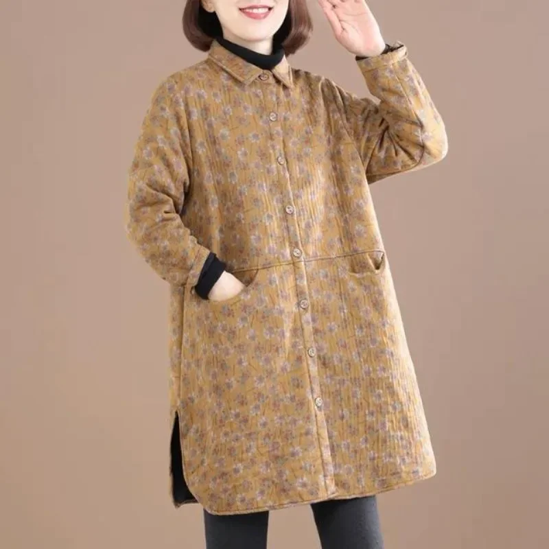 Vintage Floral Print Women Jacket Spring Autumn Fleece Coat Warm Parkas Single-breasted Outerwear Women's Clothing Trends New