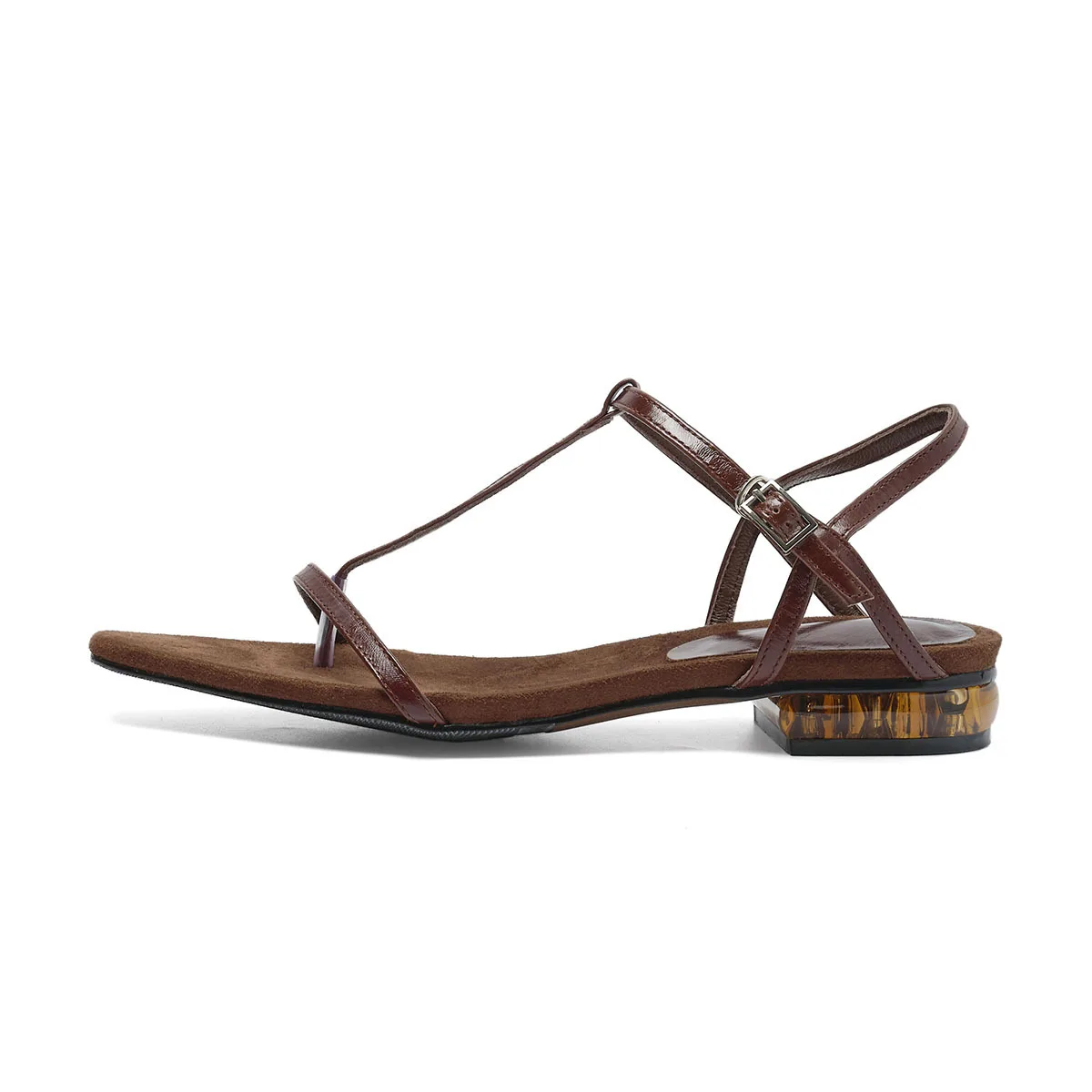 Summer brown horse oil cowhide toe flat sandals square head T type with low heel open toe sandals large size beach shoes
