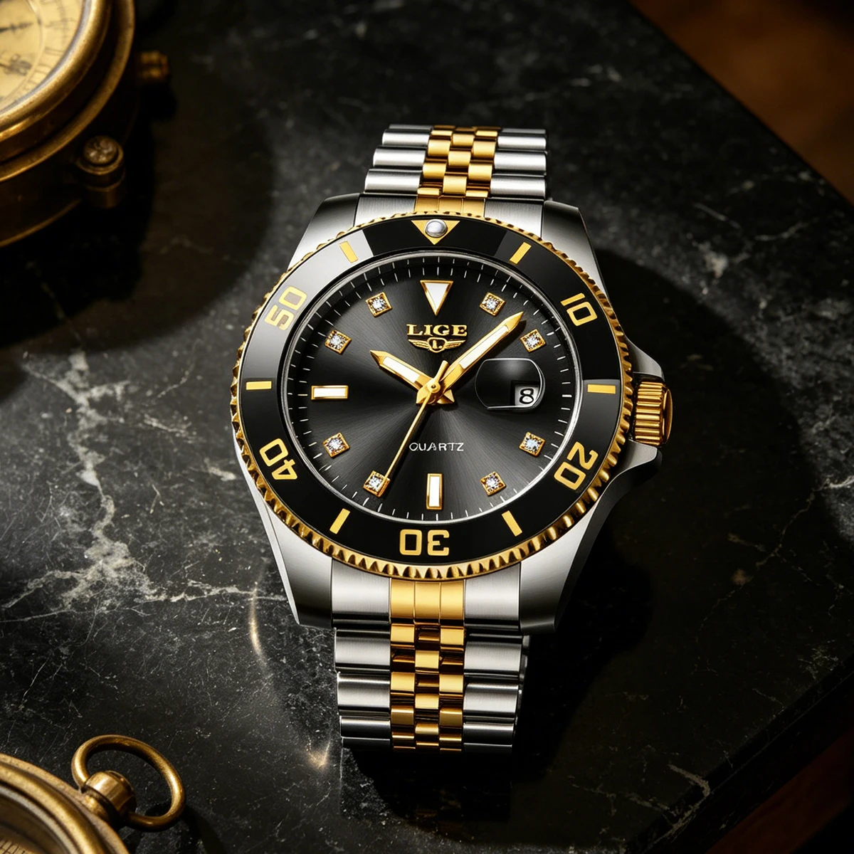 LIGE Herren Quarzuhr Grüne Wasserdichte Uhr für Männer Edelstahl Quarz Herren Luxusuhr Leuchtende Armbanduhr Reloj Hombre