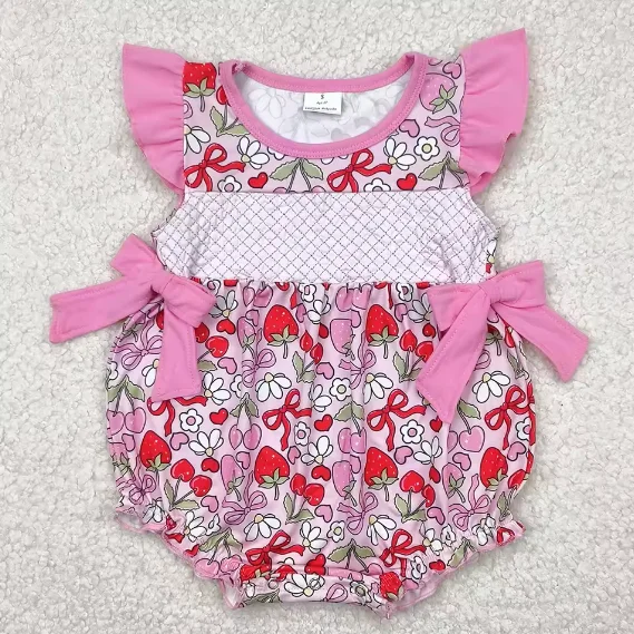 High Quality Girl Bubble Clothes Embroidery Baby Infant Girls Pink Bows Floral Strawberry Ruffle Rompers