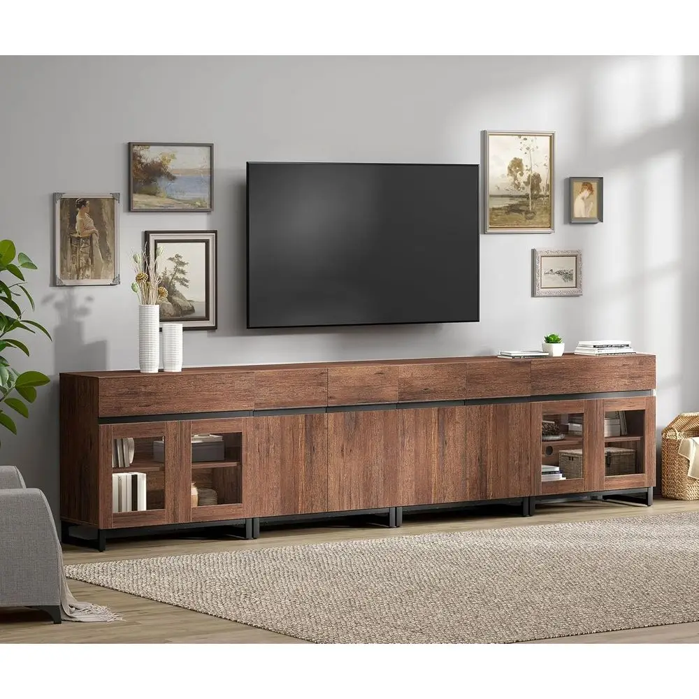

120 TV Stand, 4-in-1 Design with Glass Door, 2 Drawers, Adjustable Shelf Entertainment Center, Brown