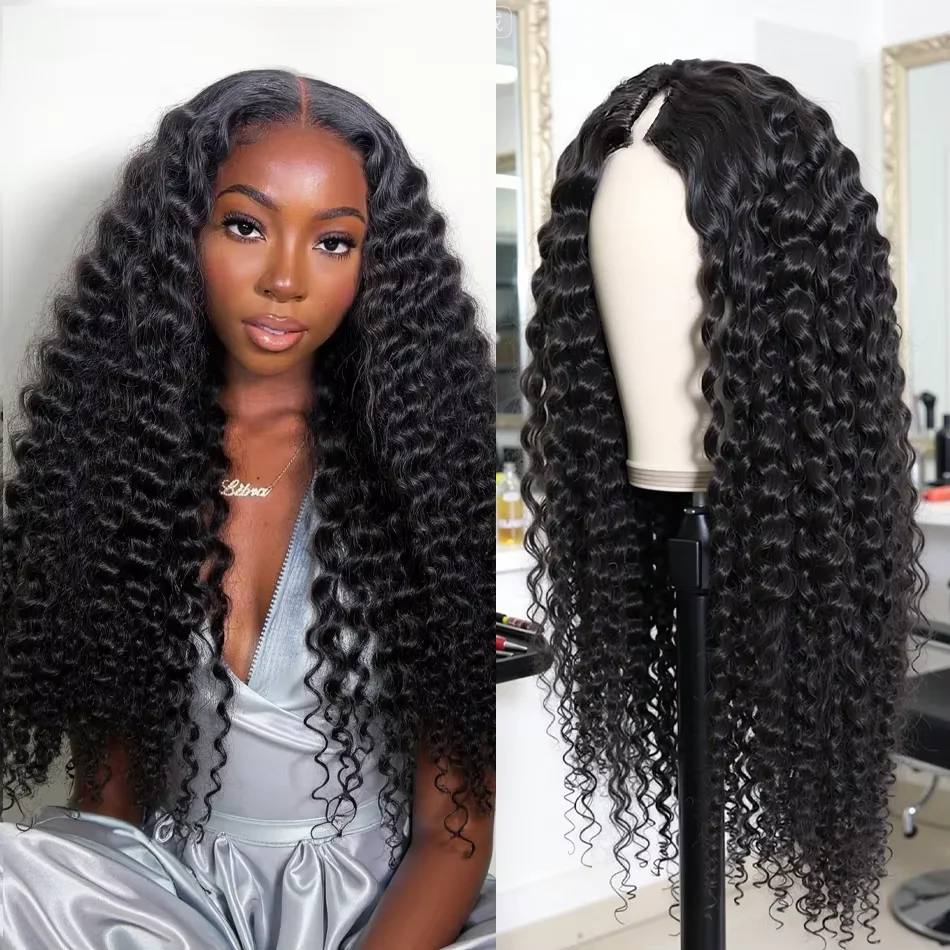 

26 36 Inch V Part Wig Glueless Human Hair Deep Wave No Sew In No Glue Natural Color Curly For Women Brazilian Wigs 260 Density