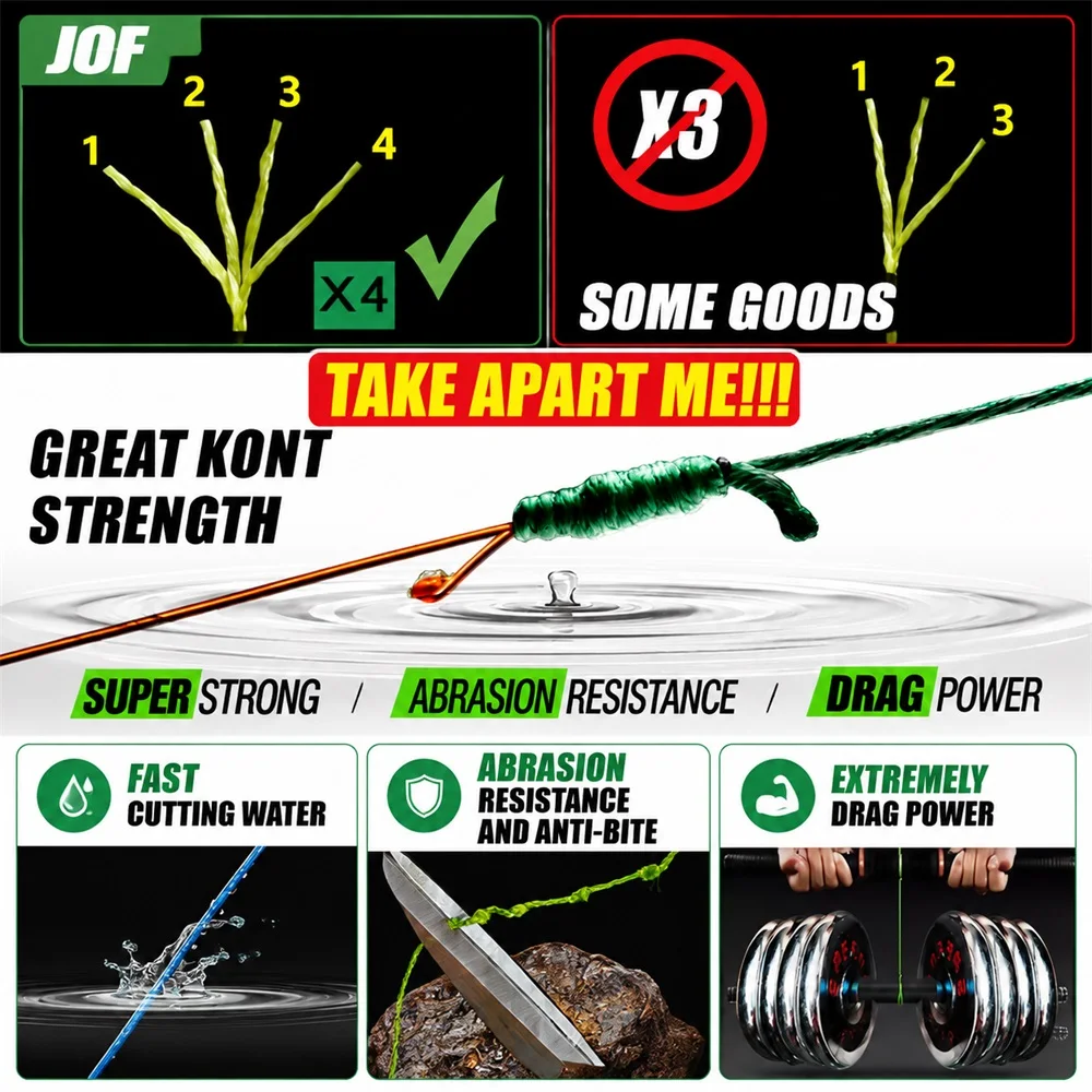 JOF 4X Braided PE Fishing Line 100M 300M Multifilament High Strength Abrasion Resistant Smooth Casting Saltwater Freshwater