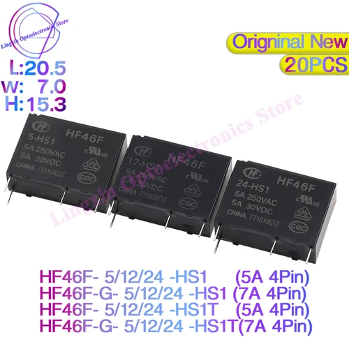 Imagen 1 del producto 20 unids/lote HF46F -G- 5/12/24 -HS1 -HS1T 7A 5A 4 pines 250VAC 30VDC DC 5V 12V 24V relés de potencia HF46F-12-HS1 HF46F-G-24-HS1T Original