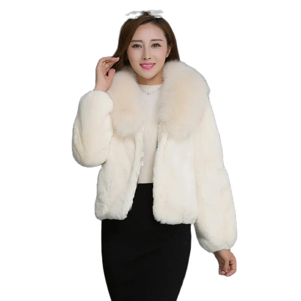 

Hot selling new women's jacket full leather rabbit fur short warm fox fur collar fashionable fur jacket