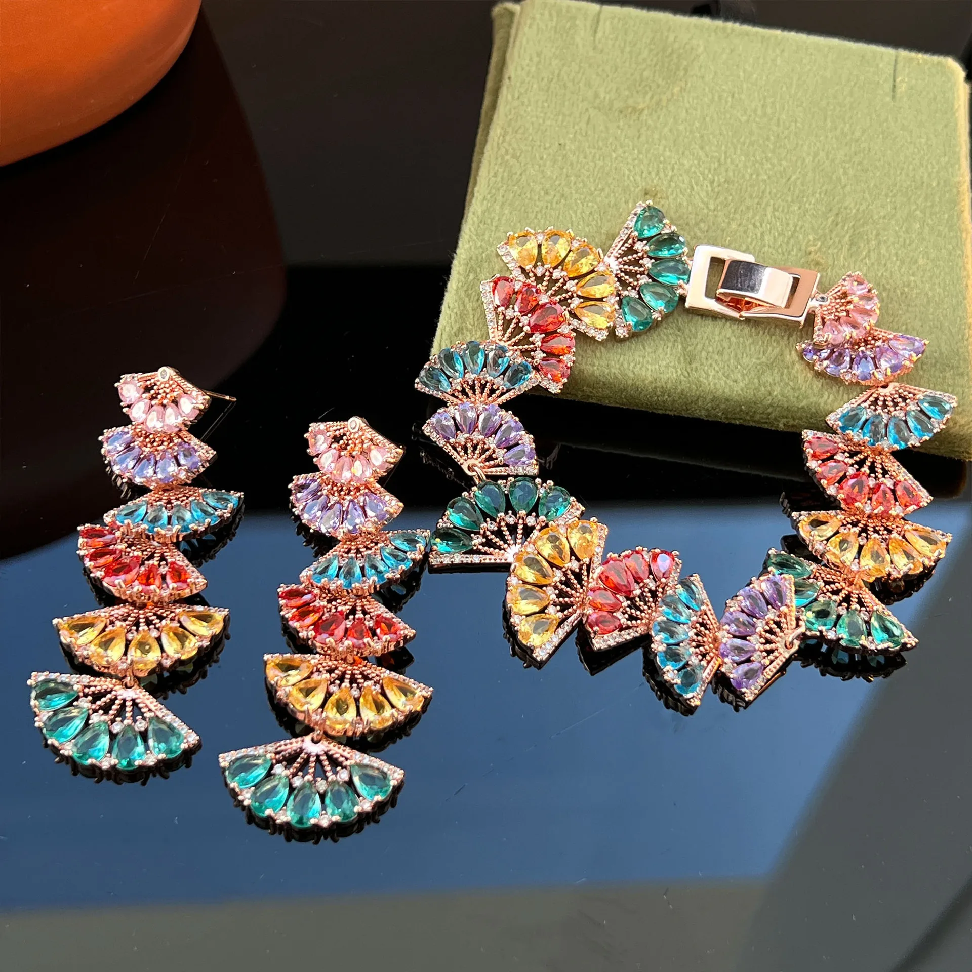 Heavy Inlaid Cubic Zirconia Rose Gold Gradient Fan Shape Rainbow Bracelet Set, Elegant Luxury Stackable Hand Jewelry for Women