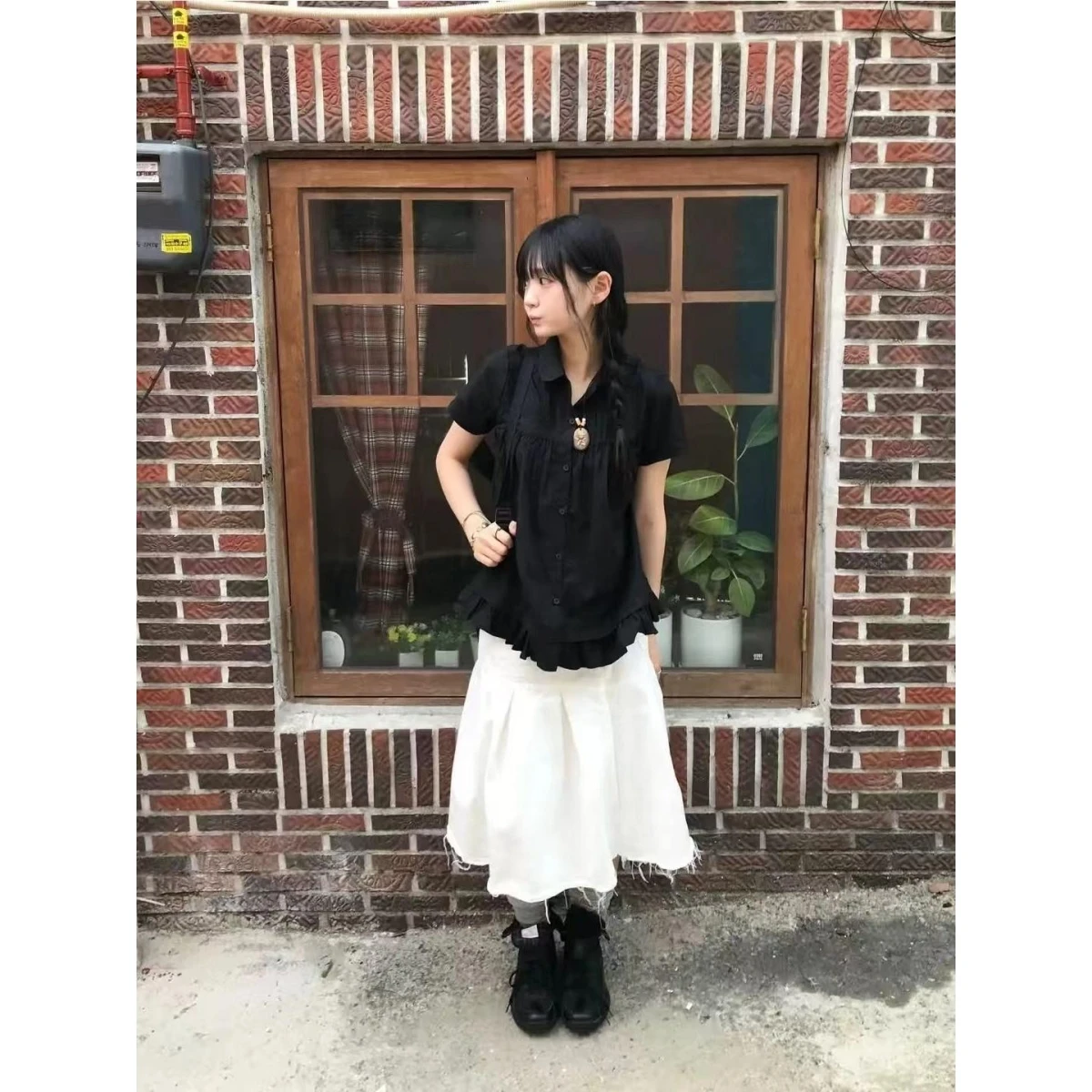 

Japanese Retro Collar Ruffle Hem Shirt Women Summer Loose Short Sleeved Versatile Blouse Solid Color Casual T-shirt Top