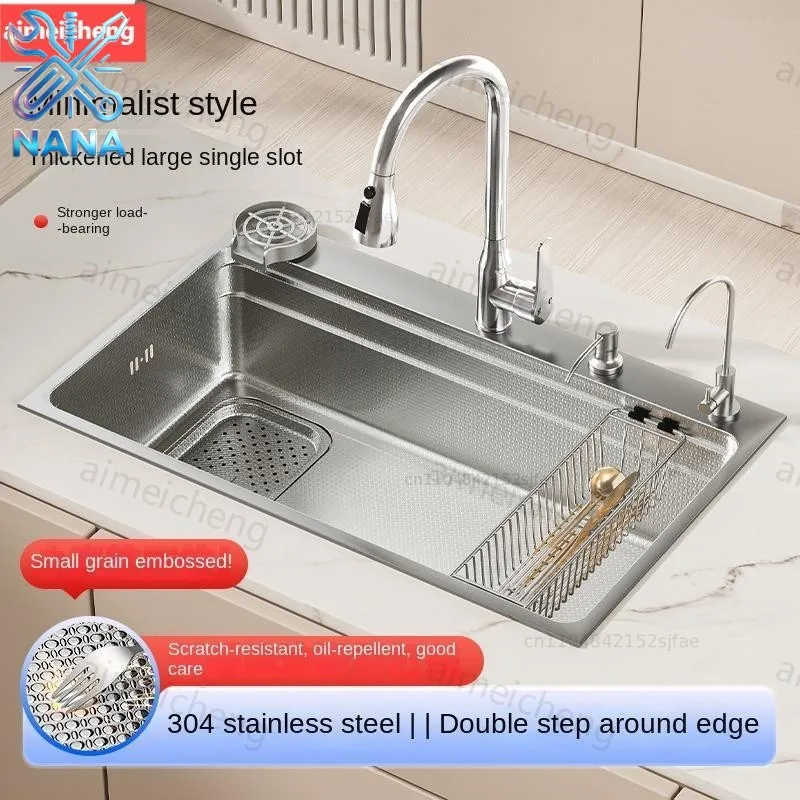 304 Stainless Steel Kitchen Sink Silver Large Single Slot Wash Basin Nano Dishwashing Undermount Sink Left side drainage