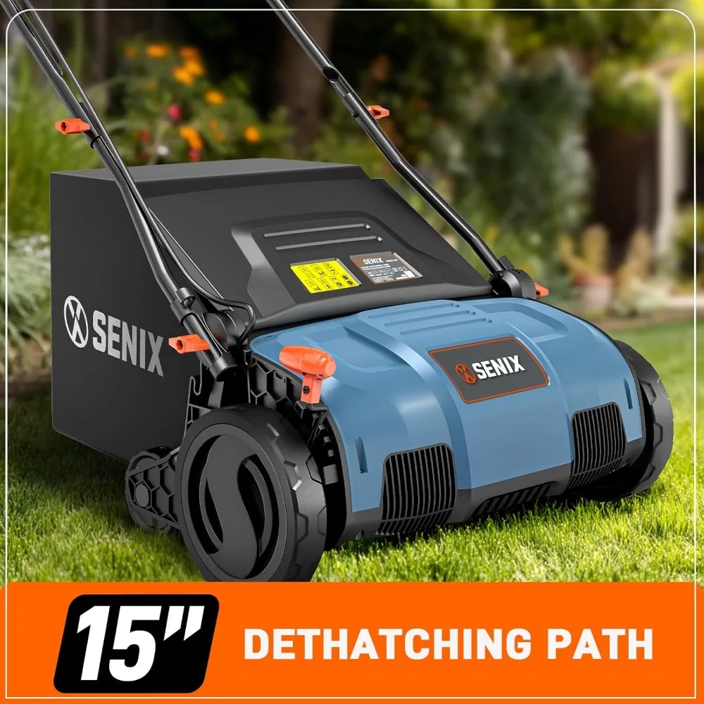 15-Inch Dual-Purpose Electric Dethatcher and Scarifier, 13 Amp, 13.2 Gallon Bag, Adjustable Depth, Walk Behind Lawn Tool