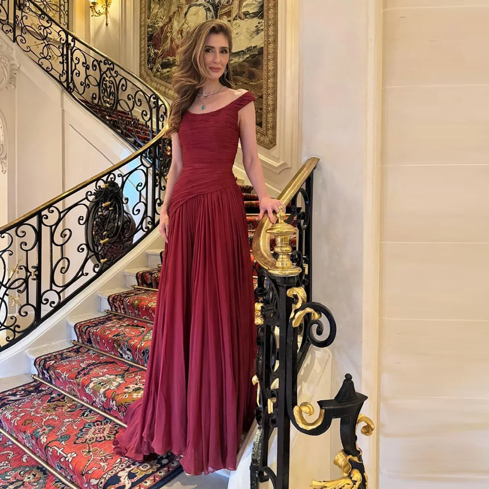 Customized Burgundy Chiffon Prom Dresses Off Shoulder A-Line Evening Gowns Pleated Ruched Formal Party Dress vestido de festa