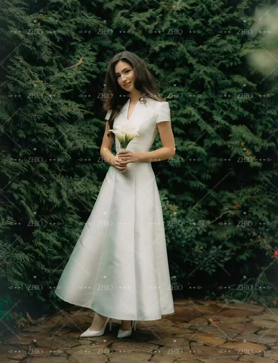 ZHIO فستان زفاف أنيق على شكل حرف v وأكمام قصيرة من الساتان العاجي على شكل حرف a فساتين الحفلات المسائية فستان زفاف مخصص رداء De Mariée