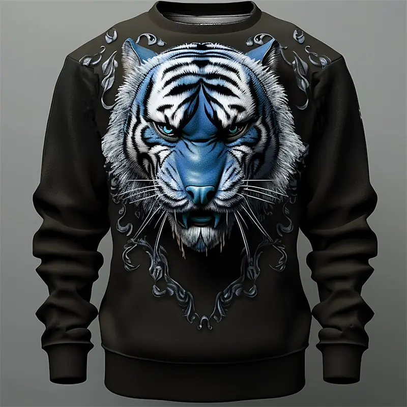 Autumn Fashion Hoodie Tiger Head Graffiti 3d Printing Oversized Loose Long Sleeve Round Neck Pullover Hip Hop Men Clothing