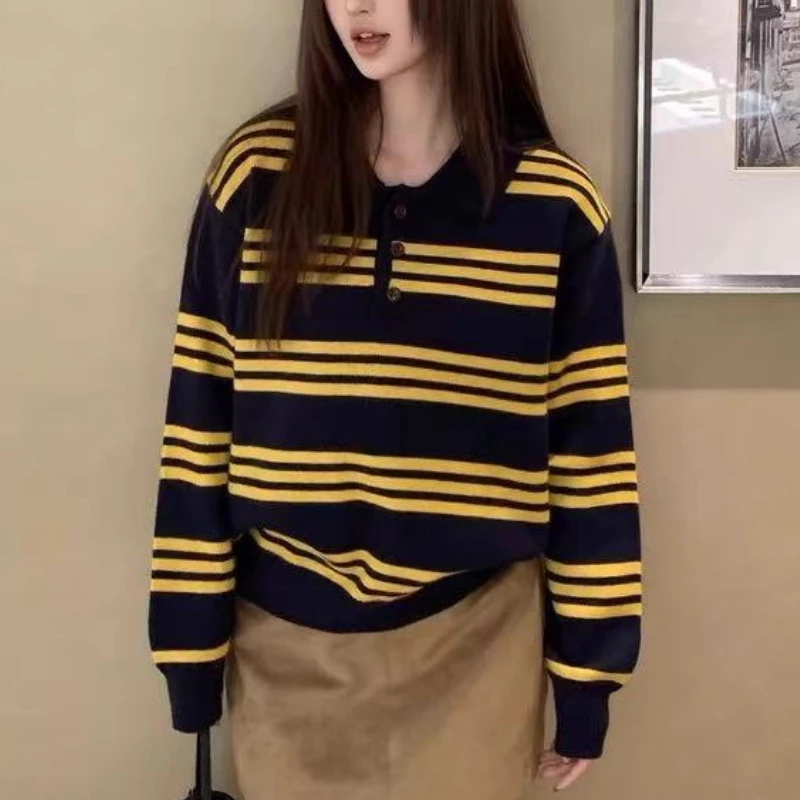 

Autumn Winter Vintage American Polo Neck Sweater Contrast Striped Sweater Women's Clothing