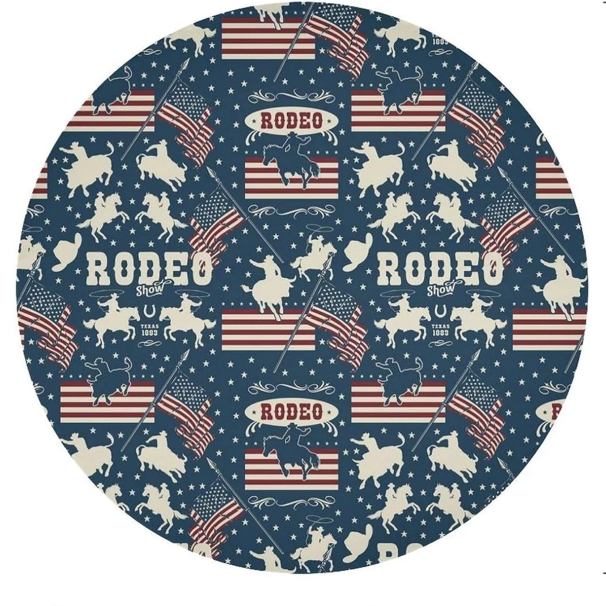 Western Cowboy Round Tablecloth American Rodeo Colorful Cowboys Horse USA Flags Pattern Print Washable Cover for Party