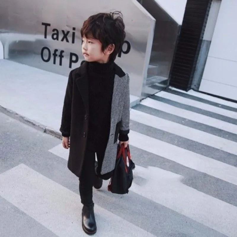 Premium New Korean Style Boys' Woolen Trench Coat Autumn Winter Mid Length Patchwork Design Thickened Windbreaker for Big Kids