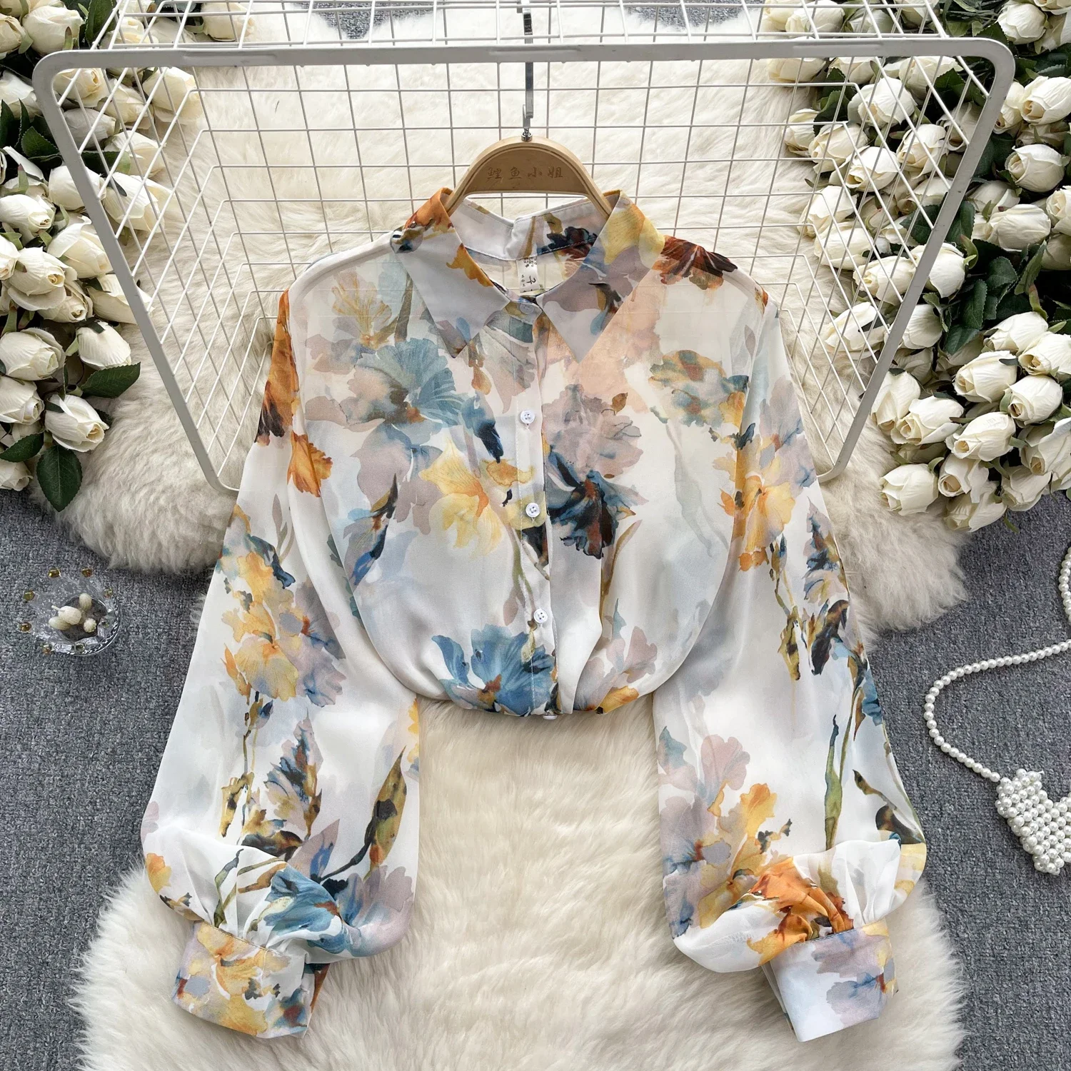 Women Chic Floral Printed lapel Blouse Elegant Vintage Casual Top Korean Fashion Sexy Summer Women Chiffon Shirt