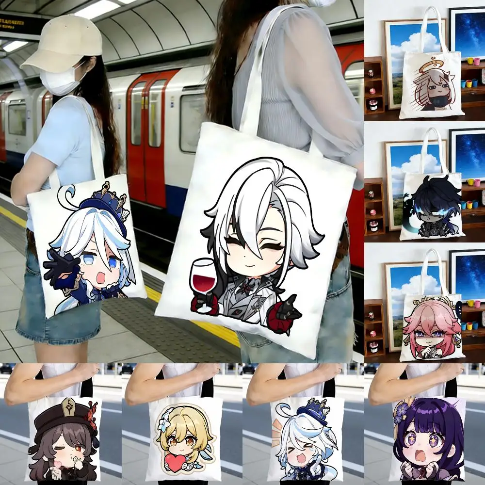Meme Funny Genshin Cute Emotes Storage Bags Printed Series Shoulder Bag Portable Daily Lightweight Tote Bag