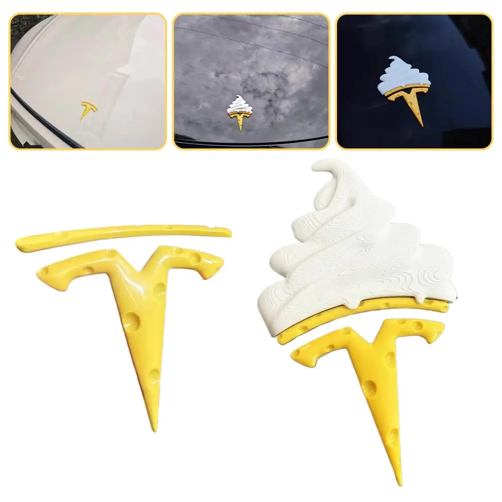 

For Tesla Model 3 Y Cheese Ice Cream Personalized Creative Car Logo Cheese Car Front Logo Emblem Sticker Ice Car Accessories
