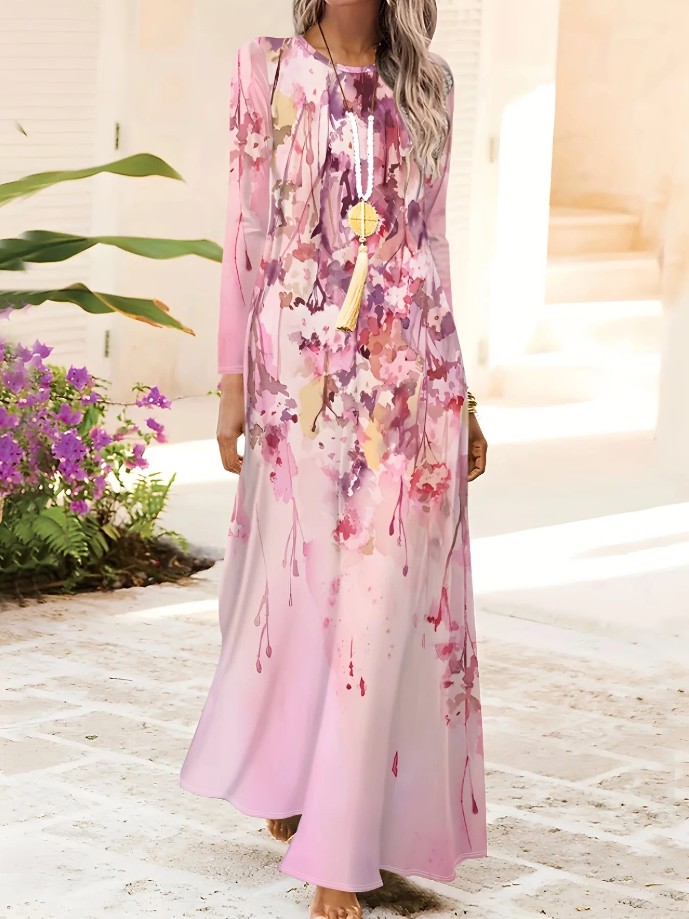 Rosafarbenes, abstraktes Kleid mit floralem Aquarelldruck für Damen, langärmelig, Rundhalsausschnitt, Urlaubskleid, Sommer, lässiges A-Linien-Midikleid