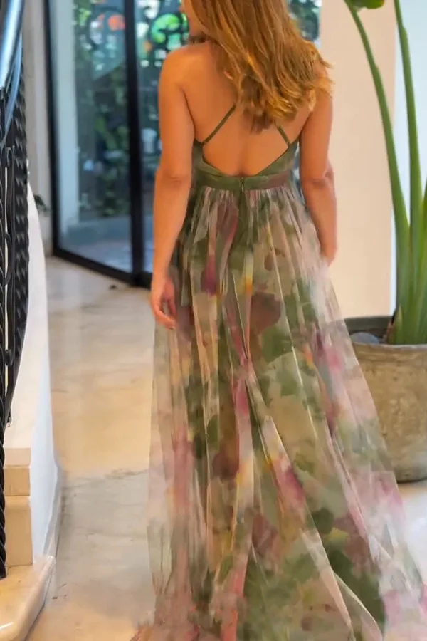 Fashion Women's Floral Print Party Dress V-Neck Sleeveless Lace Up Maxi Long Dresses Ladies Holiday Party Club Dress Robe