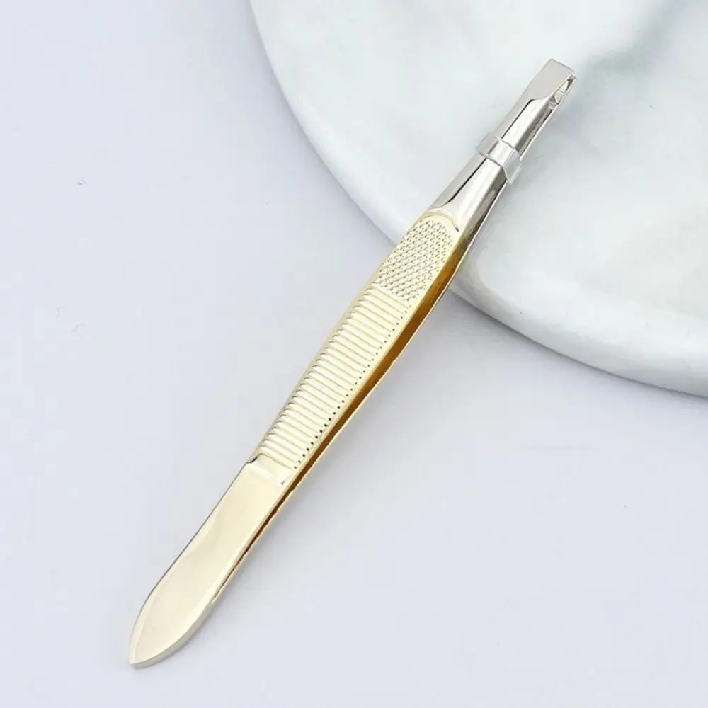 Stainless Steel Eyebrow Trimming Tweezers Slant Tip Plucking Eye Brow Clips Mesh Stripe Handle Flat Tip Eyelash Curler Girl