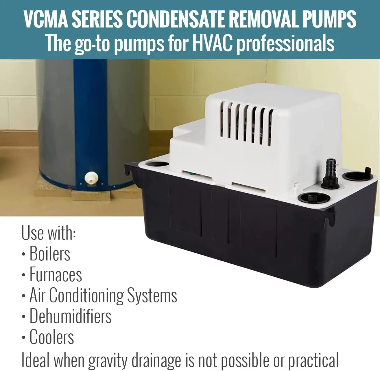 VCMA-15ULST 115 Volt, 65 GPH, 1/50 HP Automatic Condensate Removal Pump with Safety Switch and Tubing, Black/White, 554415