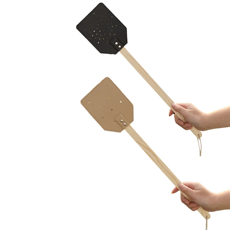 

Wooden Stick Handle Mosquito Swatter Manual Fly Swatter PU Leather Mosquito Swatter