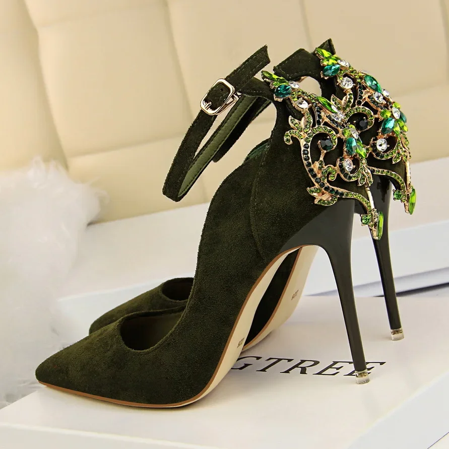Spring Autumn Women Shoes Pointed Pumps 10.5CM Thin Heels Wedding Dress Flock Sexy Rhinestone Word Band High Heels Boat Shoes