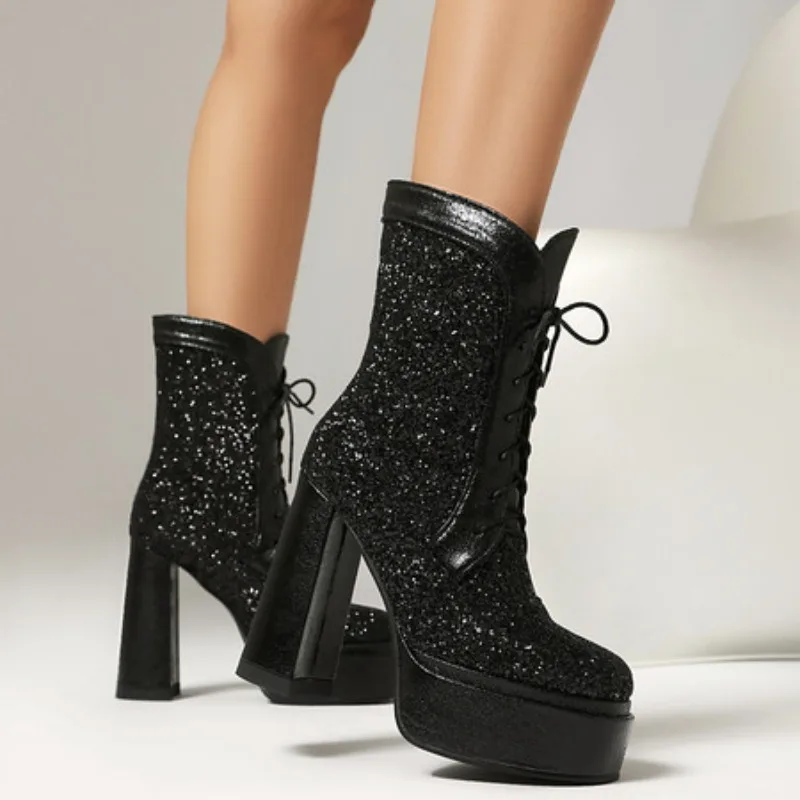 النساء حذاء من الجلد 2026 أحذية منصة حمراء أنيقة رصع الترتر الدانتيل يصل الخريف الشتاء مريح مستقرة كعب عالي مكتنز #5