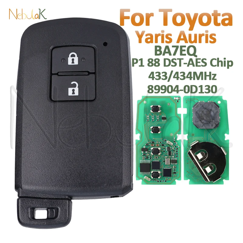 BA7EQ Smart Card for Toyota Yaris Auris P1 88 DST-AES Chip 433/434MHz 89904-0D130 Remote Car Key 2 Buttons Intelligent Fob Logo