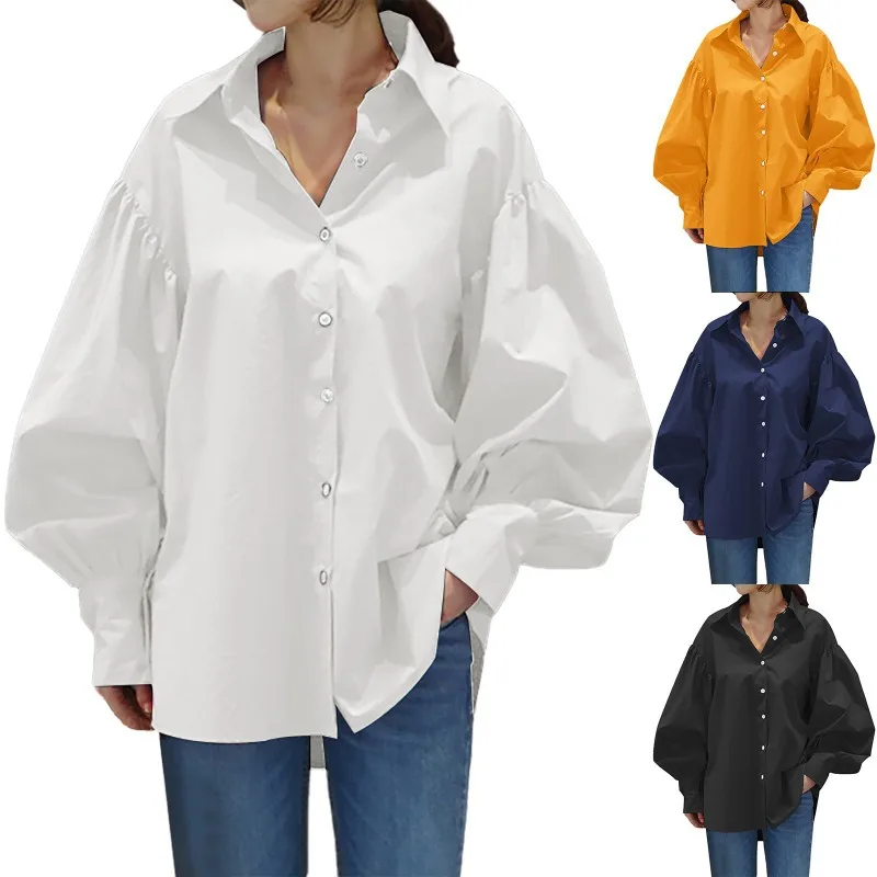 

Casual Shirt Lantern Sleeve Lapel Coat 2025 Vintage Solid-colored Top Ladies' Office Shirts Women Tops