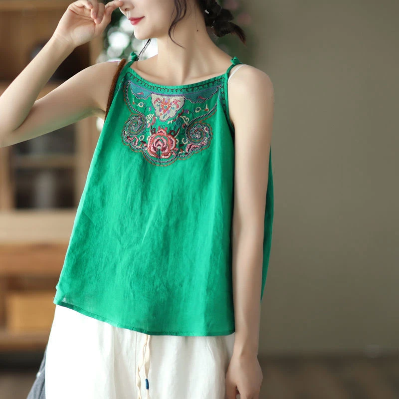 Vintage Woman Tank Tops Summer Solid Cotton Linen Embroidery Spaghetti Strap Camis Loose Casual Blusas Tunic Tops Tee
