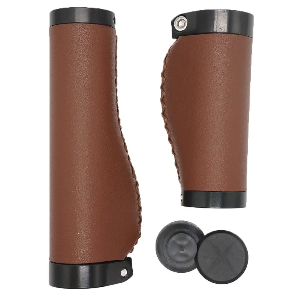 Bike Handle Grips,135/95mm Long/Short Non‑Slip Microfiber Leather,Ergonomic Hand‑Sewn Retro Double Lock‑on for MTB(Dark Brown‑B)