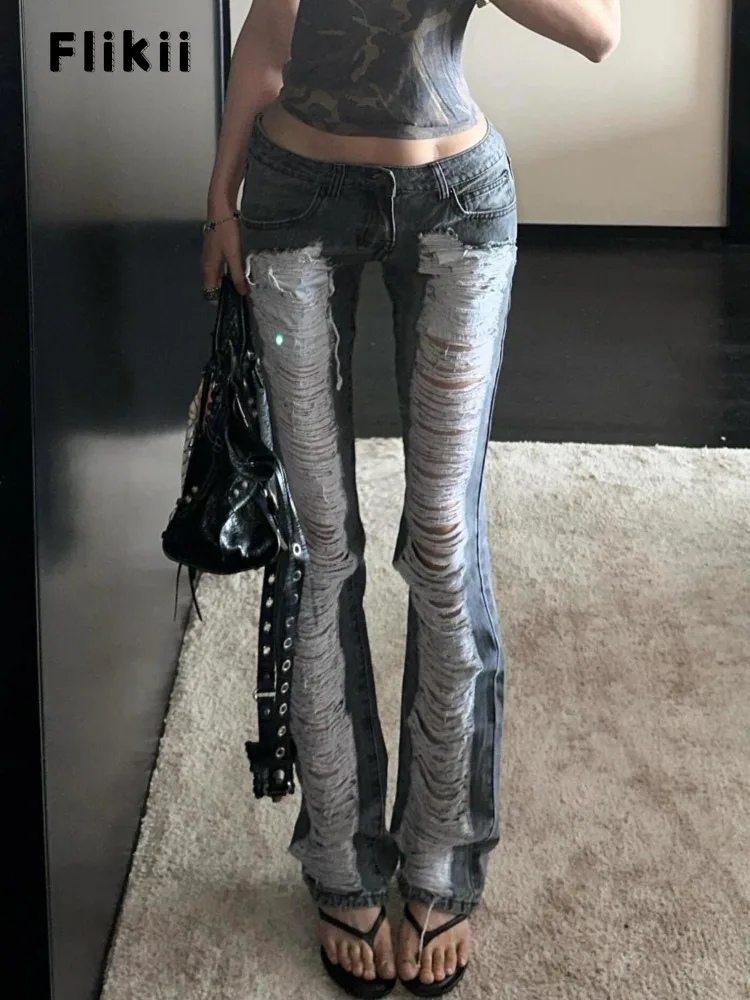 Coquette Street Y2K جينز ضيق عالي الخصر 2025 صيفي نسائي عتيق غمد بنطلون Hotsweet ممزق الجرونج دينم بنطلون