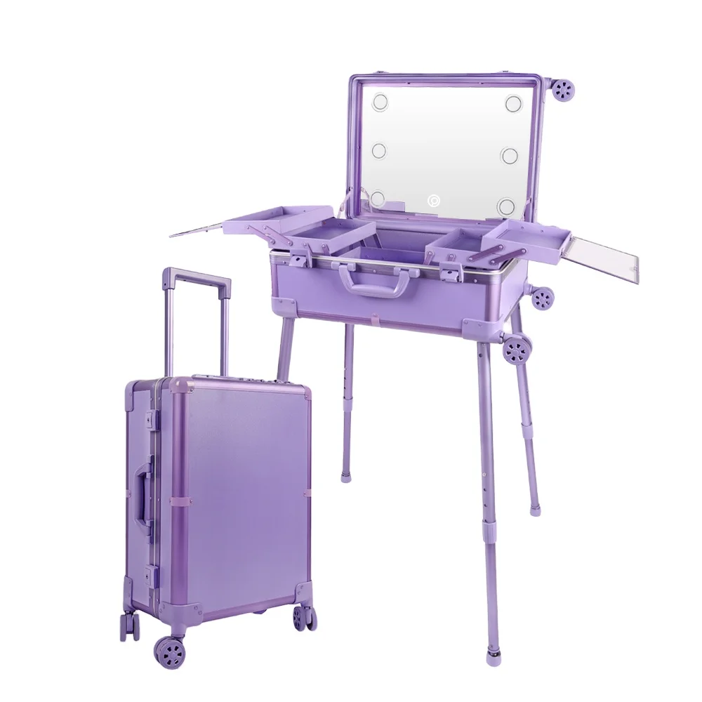 

58*40*23cm Luxury Rolling Cosmetic Box Lighted Train Makeup Case Mirror Candy Hide Feet Expandable Studio Makeup Container