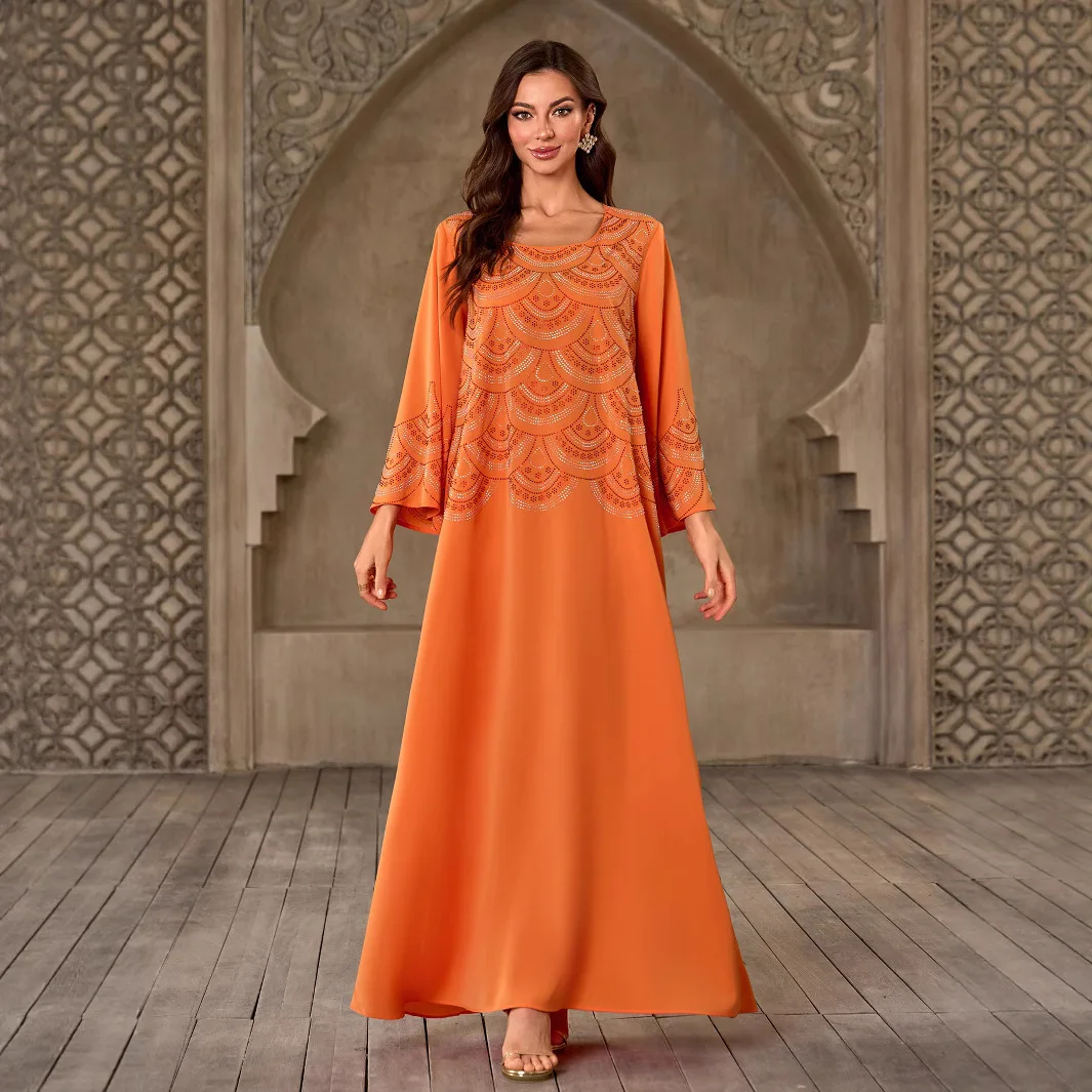 

V-neck Slit Abaya Dubai Muslim Dress Women Diamond Long Sleeve Robe Islam Clothing Abayas for Women Royal Court Banquet Dress