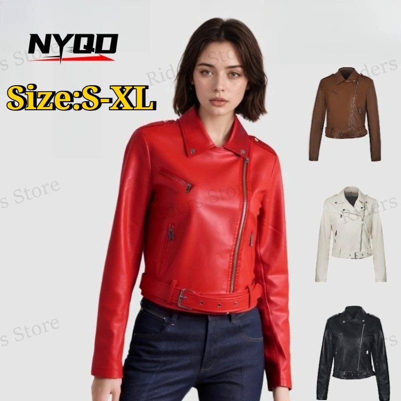 

Новая женская куртка-косуха из искусственной кожи 2026 года с коротким воротником и поясом, повседневная