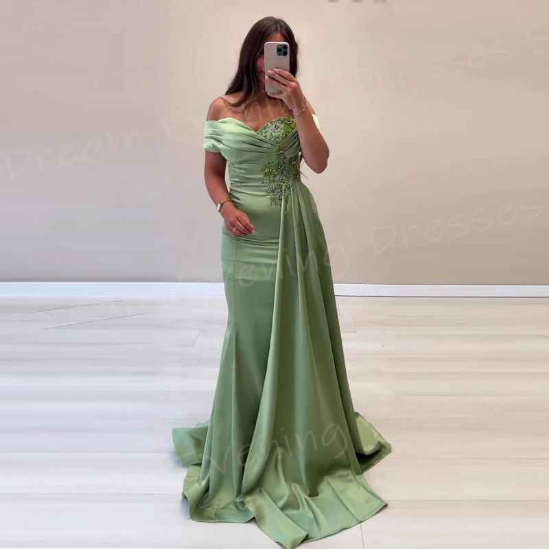 

Beautiful Elegant Green Mermaid Modern Women's Evening Dresses Off The Shoulder Appliques Prom Gowns Pleated فساتين سعيد شارون