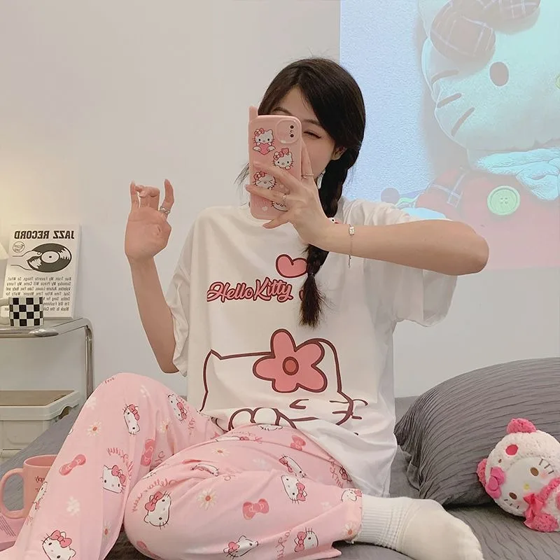 Hello Kitty 2023 new cartoon pajamas women's summer short-sleeved trousers can be worn outside cute trendy home service suit