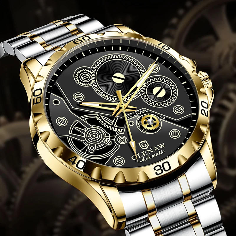 GLEAW stile sportivo completamente automatico meccanico cavo minimalista design aziendale di lusso popolare orologio impermeabile versatile