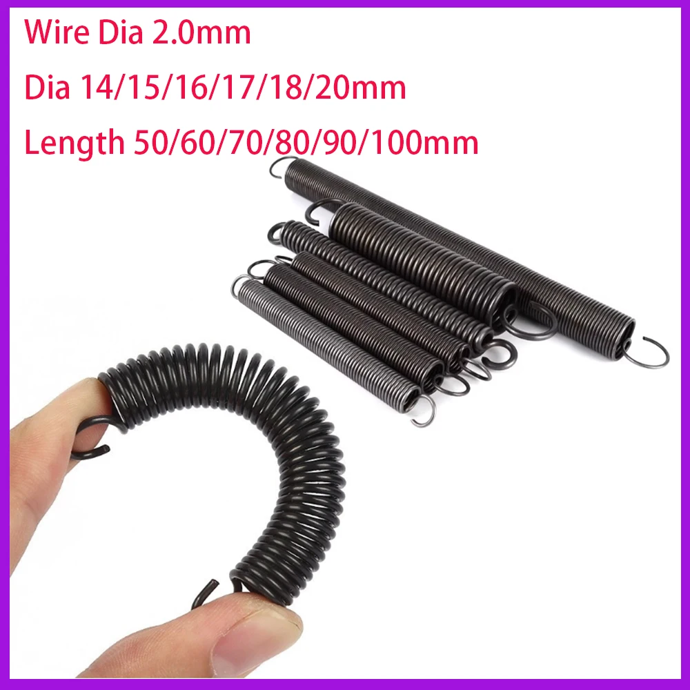 Wire Dia 2.0mm Spring Steel Single Hook Tension Spring Outer Dia 14/15/16/17/18/20mm Length 50/60/70/80/90/100mm