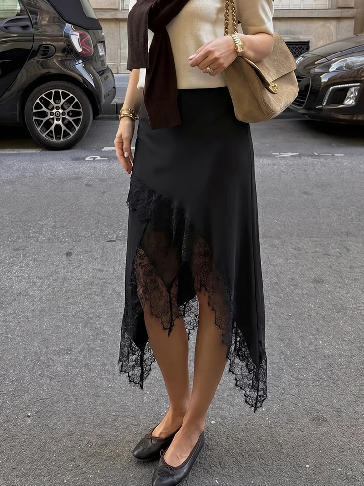 

HH Summer Elegant Satin Lace Packwork Asymmetric Midi Skirt 2026 Female High Street Temperament Casual Side Zipper Skirt
